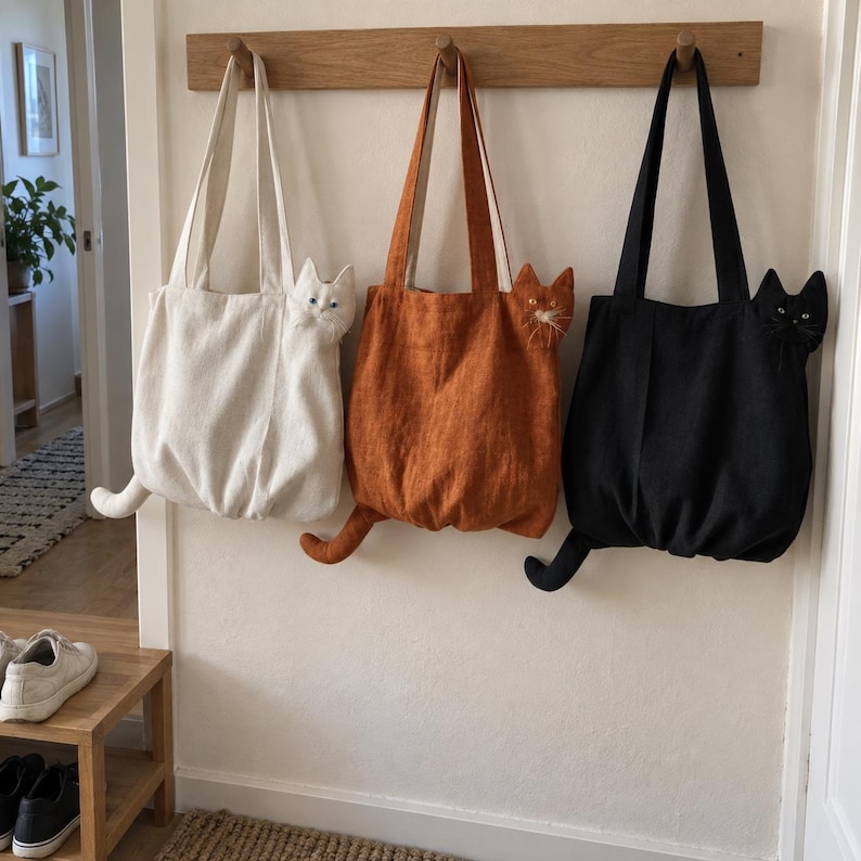 K&ouml;nnte beinhalten: Drei Tragetaschen h&auml;ngen an einer Holzleiste. Die Taschen sind wei&szlig;, orange und schwarz und verf&uuml;gen jeweils &uuml;ber einen seitlich angebrachten Katzenkopf sowie einen Katzenschwanz, der aus der unteren Ecke ragt. Die Katzenk&ouml;pfe haben gestickte Augen und Schnurrhaare.