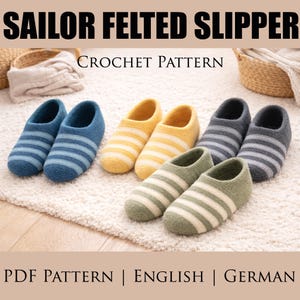 セーラースリッパのかぎ針編みパターンPDF | フェルトウールスリッパ | 心地よいストライプ柄の室内履き | 初心者向けかぎ針編みスリッパ