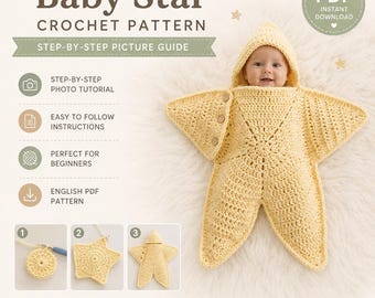 Baby Suit Crochet Pattern PDF, Star Baby Cocoon Crochet Pattern, Baby Sleeping Bag, Hooded Baby Wrap, Newborn Crochet Pattern