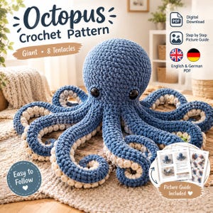 Peut inclure: Un patron de crochet pour pieuvre géante bleue avec huit tentacules aux dessous crème et des yeux de sécurité noirs. Le téléchargement numérique inclut un guide illustré étape par étape en anglais et en allemand, sous format PDF facile à suivre.