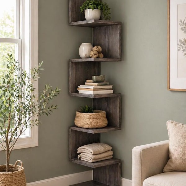 Corner Bookshelf | Solid Wood Modern Corner Shelf