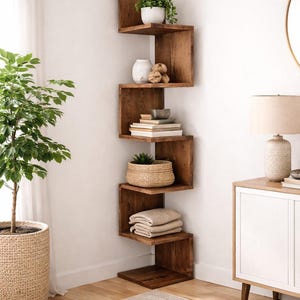 May include: A wooden corner shelf unit with a zig-zag design. The shelves are filled with decorative items, including plants, books, and a woven basket. The unit is made of dark wood and is placed against a white wall.