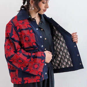 Marineblaue usbekische bestickte Jacke | Boho Baumwollmantel mit Block Print Futter | Loose Fit ethnische Oberbekleidung | Handgemachte Statement Jacke