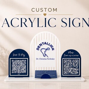 Dentist QR Code Payment Sign | Google Review Sign Bundle with Business Card Holder | Custom Acrylic Reception Desk Display