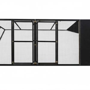 May include: A black metal fireplace screen with a geometric design. The screen has four sections, two with doors, and a solid black side panel. The mesh is white, and the frame is black.