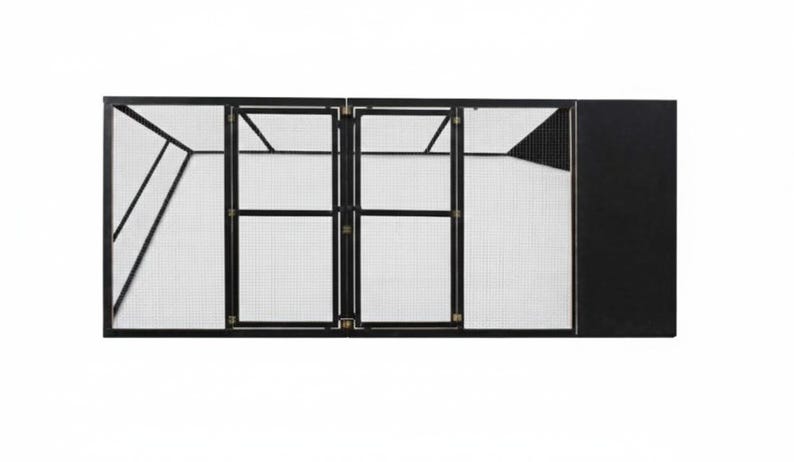 May include: A black metal fireplace screen with a geometric design. The screen has four sections, two with doors, and a solid black side panel. The mesh is white, and the frame is black.