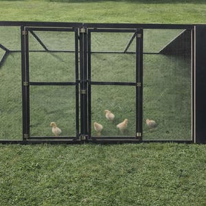 May include: A black metal and wire mesh enclosure with a hinged door, housing several yellow chicks on a grassy surface. The enclosure has a rectangular shape and is set outdoors.