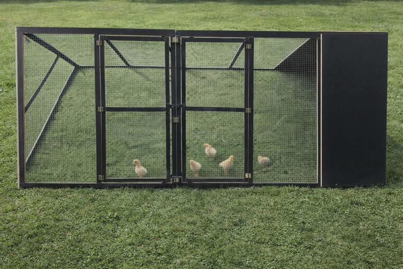 May include: A black metal and wire mesh enclosure with a hinged door, housing several yellow chicks on a grassy surface. The enclosure has a rectangular shape and is set outdoors.