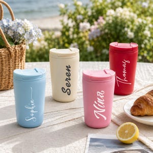 Tazza da viaggio personalizzata, bicchiere termico in acciaio inox con coperchio a scatto, tazza da spiaggia, regalo di compleanno, regalo per viaggio tra amiche, tazza con logo personalizzato