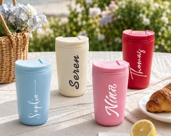 Taza de viaje personalizada, vaso de acero inoxidable personalizado con tapa abatible, taza de playa, regalo de cumpleaños, regalo para viaje de chicas, taza con logotipo personalizado