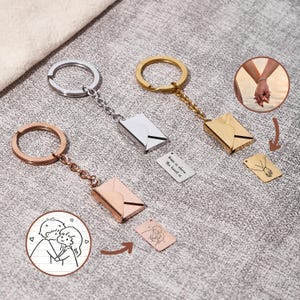 Pode incluir: Três chaveiros de envelope de metal em prata, dourado e ouro rosa. Cada chaveiro tem uma corrente e uma pequena etiqueta. Uma etiqueta diz "Home is where the heart is". Etiquetas adicionais mostram desenhos de casais.