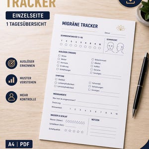 Op de afbeelding: Een afdrukbare A4-migraine tracker met Duitse tekst. Het bevat secties voor pijnintensiteit, triggers, symptomen en medicatie. Een zwarte pen ligt aan de rechterkant van het document. Het document is bedoeld voor dagelijks gebruik.