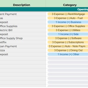 May include: A spreadsheet detailing financial transactions, such as rent, gas, and office supplies. The category column indicates expenses and income. Dates are listed in October 2025. Measurements are not applicable.