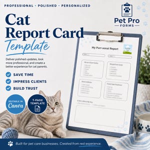May include: A Cat Report Card Template on a blue clipboard featuring the text My Purr-sonal Report, with sections for cat details and daily updates. A tabby cat lies nearby next to a blue yarn ball and a white bowl with blue paw prints.