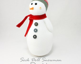 Sock Doll Snowman with a beanie and a scarf (Pattern PDF file) by Sewinthemoment suitable for beginners. Christmas Decoration Ornament