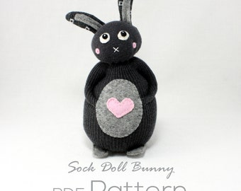 Sock Doll Bunny with a pastel pink love heart (Pattern PDF file) by Sewinthemoment. Easy to follow photo instructions for each step.