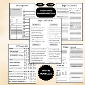 May include: A collection of black and white printable self-care planner, journal, and checklist pages in A4 size. The documents feature sections for daily affirmations, exercise, sleep, mood tracking, water intake, and various daily habit tasks.