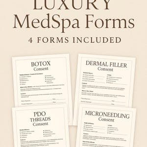 Könnte beinhalten: Ein Bundle von vier MedSpa-Formularen, darunter Botox-, Dermal Filler-, PDO Threads- und Microneedling-Einverständniserklärungen. Die Formulare sind auf weißem Papier mit schwarzem Text gedruckt.