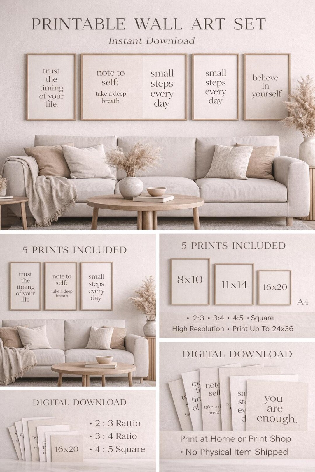 Printable Wall Art Set | Minimalist Neutral Quotes | Beige Modern Wall ...