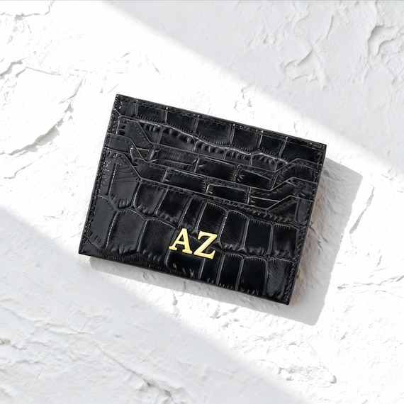 Slim Leather Card Holder Wallet, Minimalist Croc Embossed Card Wallet, Personalized Leather Card Case, Small Wallet for Everyday Use