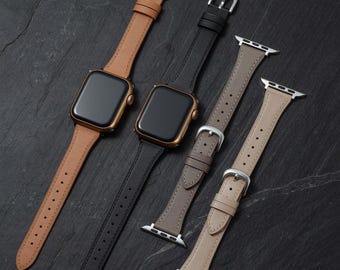 Slim Cowhide Leather Apple Watch Band | Tapered Design, Stainless Steel