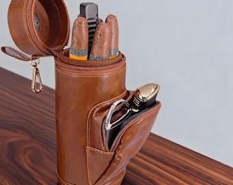 Handgjort resefodral för golfcigarrer, vintage cigarrhållare i brunt läder, förvaringslåda i cederträ, presentförpackning för golfbollar och tees