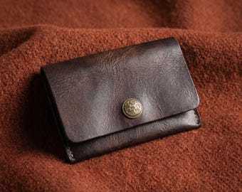 Monedero de cuero de grano completo hecho a mano, estuche retro con cierre a presión, mini tarjetero.