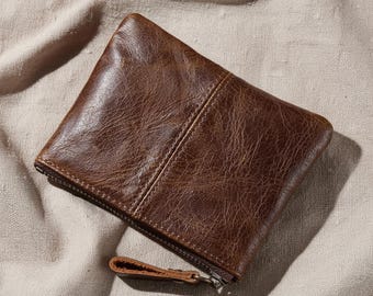 Handmade Full Grain Leather Coin Purse, Vintage Zipper Wallet, Mini Key Pouch