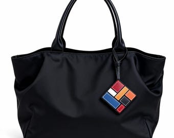 Handmade Leather Bag Charm | Geometric Color Block Keychain