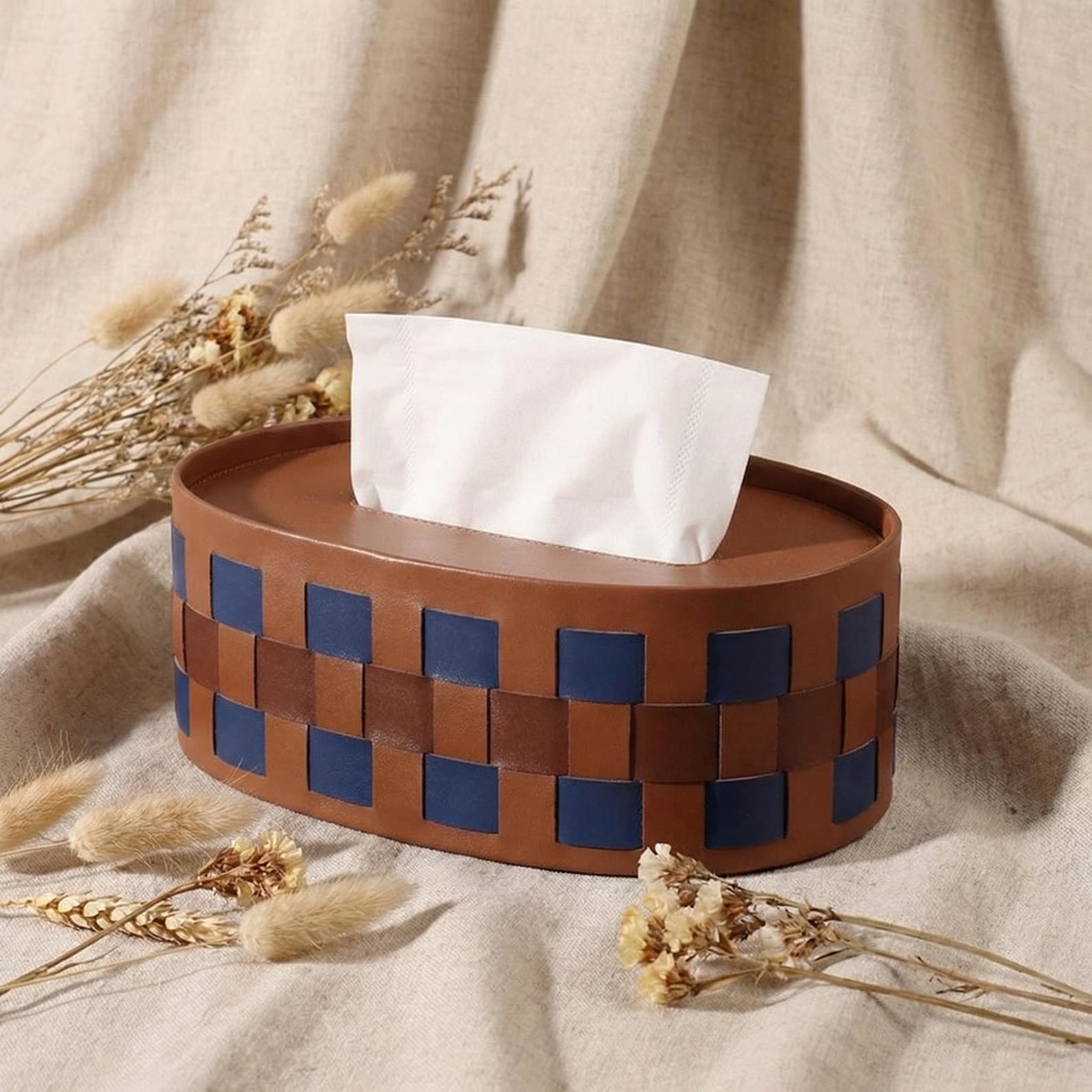 Woven Leather Tissue Box Cover, Modern Oval Home Decor, Personalized Holder - Oval Classic
