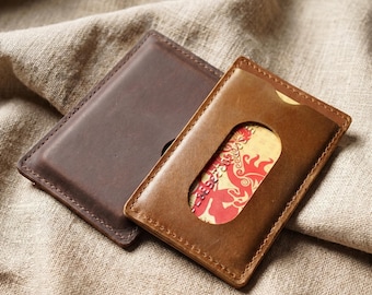 Handmade Full-Grain Leather Card Holder, Vintage Minimalist Slim Wallet, Transit Card Sleeve