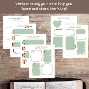 Puede incluir: Guías de estudio con varios métodos para aprender y compartir la Palabra. Las guías presentan una combinación de colores verde claro y marrón con detalles florales. El texto incluye "SUNSHINE METHOD", "SOUL METHOD", "SOAP METHOD", "ACLS METHOD", "TOPICAL STUDY" y "PARABLE STUDY".