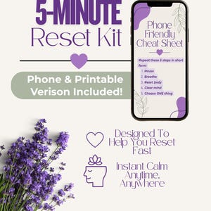 May include: A digital graphic promoting a "5-Minute Reset Kit" with a phone-friendly cheat sheet. The image includes a smartphone displaying a list of steps, a bouquet of purple flowers, and text that reads "Phone & Printable Version Included!"