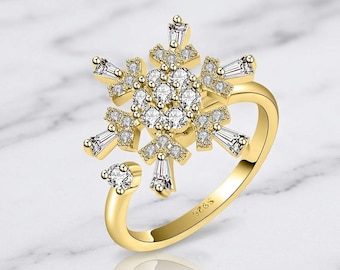 Adjustable Snowflake Fidget Ring, CZ crystal Spinner Ring for Anxiety Relief, Sparkling Winter Jewelry, 925 Silver Adjustable Worry Ring