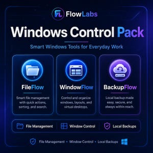 Könnte beinhalten: Eine digitale Grafik für das FlowLabs Windows Control Pack mit drei Modulen: FileFlow für Dateiverwaltung, WindowFlow für Fensterorganisation und BackupFlow für lokale Backups. Das Design zeigt einen dunkelblauen Hintergrund mit neonblauen und violetten Akzenten.
