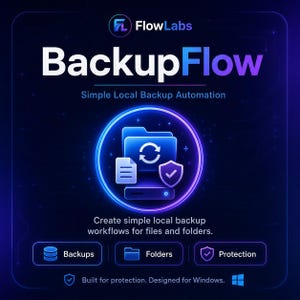 Może przedstawiać: Grafika cyfrowa oprogramowania FlowLabs BackupFlow z niebieskim gradientem, centralną ikoną folderu z symbolem synchronizacji i tarczą oraz tekstem, w tym Simple Local Backup Automation i Built for protection. Designed for Windows.