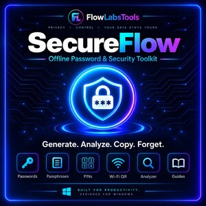 Pode incluir: Um gráfico digital para o SecureFlow Offline Password & Security Toolkit da FlowLabsTools. Apresenta um ícone de escudo brilhante com um cadeado, o texto Generate. Analyze. Copy. Forget. e seis ícones para Passwords, Passphrases, PINs, Wi-Fi QR, Analyzer e Guides.