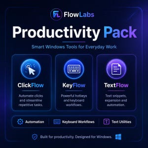 Può includere: Una grafica digitale blu scuro per il FlowLabs Productivity Pack, che presenta tre moduli: ClickFlow per l'automazione, KeyFlow per le scorciatoie da tastiera e TextFlow per i frammenti di testo, con icone, testo e logo Windows.