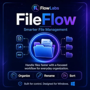 May include: A digital graphic for FlowLabs FileFlow software featuring a central blue folder icon with a document, surrounded by file type icons and three output folders. Text includes "FileFlow Smarter File Management" and "Organize, Rename, Sort."