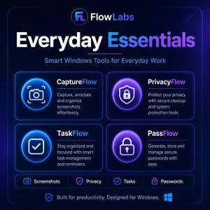 Może przedstawiać: Ciemnoniebieski interfejs cyfrowy zatytułowany FlowLabs Everyday Essentials, zawierający cztery narzędzia programowe: CaptureFlow do zrzutów ekranu, PrivacyFlow do bezpieczeństwa, TaskFlow do zarządzania zadaniami i PassFlow do haseł, zaprojektowane dla systemu Windows.