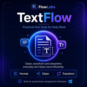 Puede incluir: Un gráfico digital para el software FlowLabs TextFlow con un fondo azul oscuro y acentos de neón morados y azules. El texto dice: FlowLabs TextFlow, Practical Text Tools for Daily Work, Clean, transform and streamline everyday text tasks more efficiently, Format, Clean, Transform, Built for productivity. Designed for Windows.