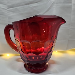 Viking Glass Mid-century Ruby Red Georgian Pattern Footed Pitcher - PERFECT CONDITION! Beautiful Cadmium UV Glow!