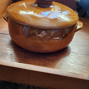 May include: A brown ceramic casserole dish with a lid. The dish has two handles and a knob on top of the lid. The dish is sitting on a wooden surface. The dish is a warm brown color.