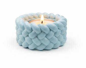 Braided Tea Light Candle Holder, Tealight Holder, Cozy Decor, Decorative Table Accent, Concrete, Coastal Light Blue Home Decor Gift