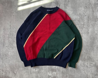 Nautica Colorblock Sweater Mens L/G Blue Red Green Cotton Knit Crew Neck