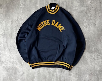 Vintage 70's Champion Notre Dame Sweatshirt Navy Gold Mock Neck Nylon USA XL