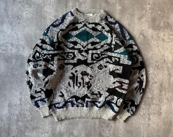 Royal Knight Abstract Geometric Knit Sweater XL Mens Crew Neck Pullover