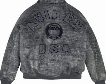 Chaqueta de cuero AVIREX USA gris con relieve de cocodrilo