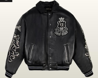 Vintage Avirex Style Men’s Black Leather Varsity Jacket - Embroidered Lion Patches Bomber Jacket.