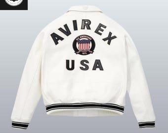 White Avirex Leather Varsity Jacket with USA Patch.